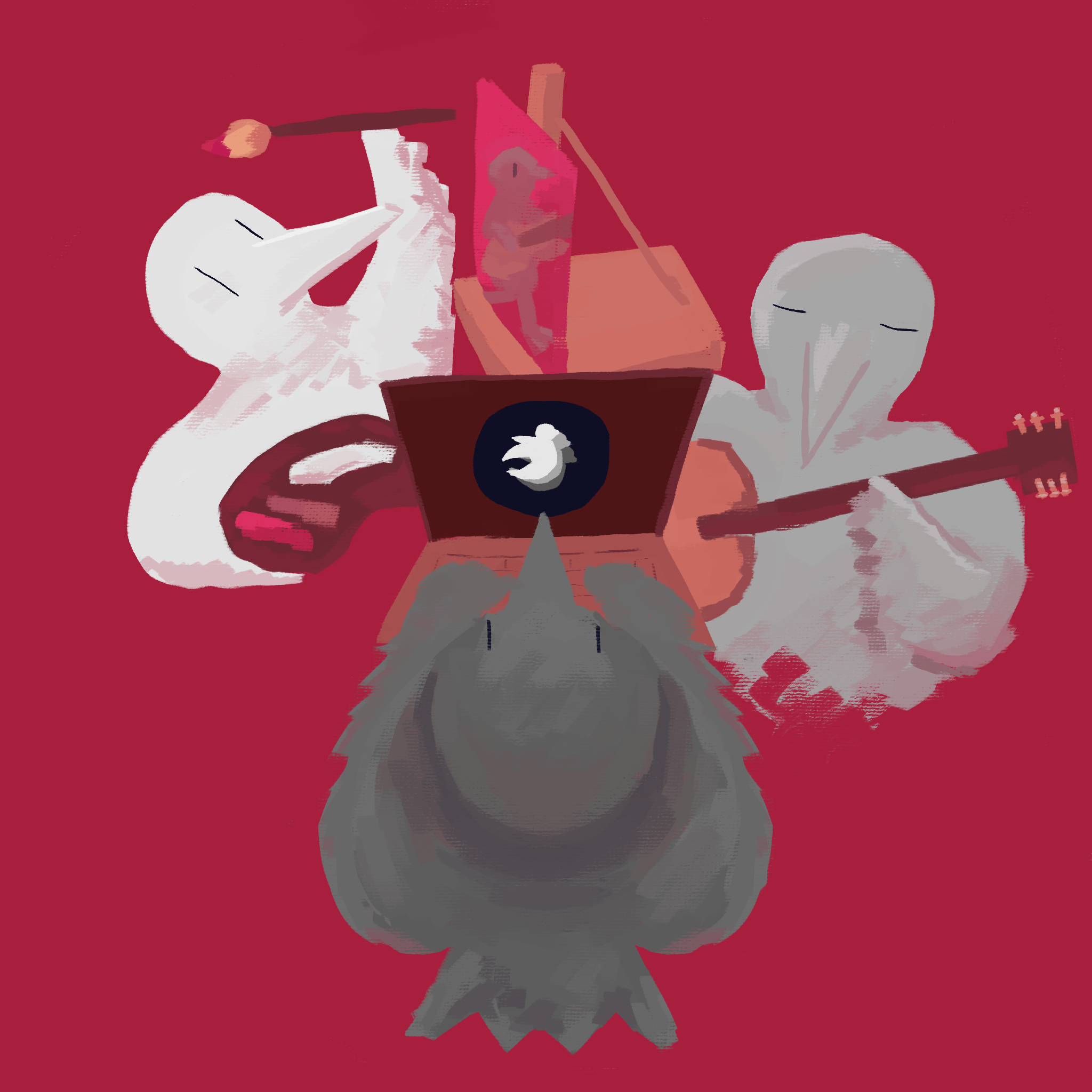 3 birds on a red background, a white one painting, a grey one playing guitar, and a dark-grey one programming a Bevy game.